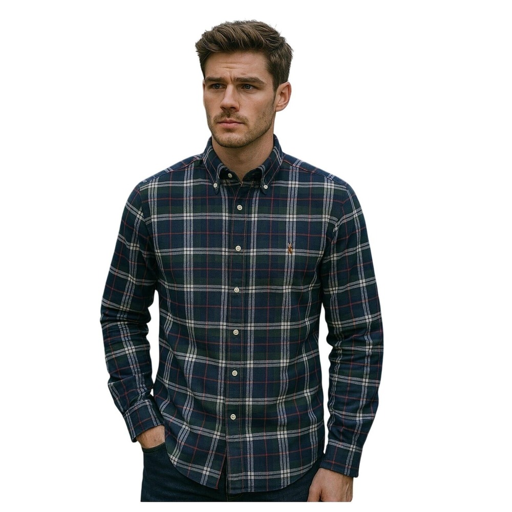 Polo Ralph Lauren Classic Fit Navy Green Plaid Button Down‎ Shirt Mens L NEW